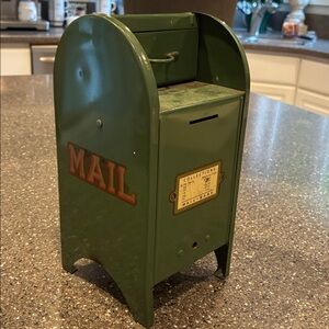 Vintage 1950s All-American Mail-Bank Piggy Bank • Green Metal Coin Bank